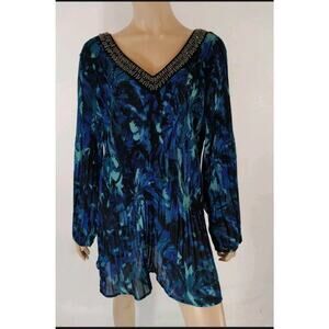 Catherines 3X Plus Blues Black Multi Floral Accordion Pleat Embellished V Neck